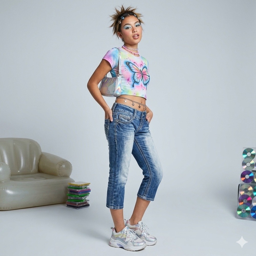 Amethyst Vintage Y2K Low Rise Cropped Jeans Medium Wash Denim Blue 0
